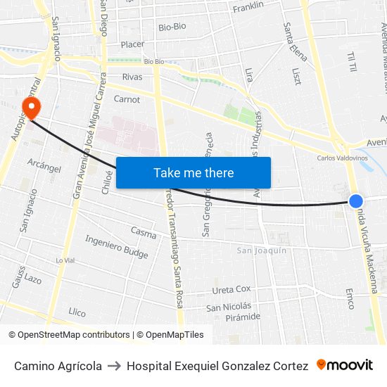 Camino Agrícola to Hospital Exequiel Gonzalez Cortez map