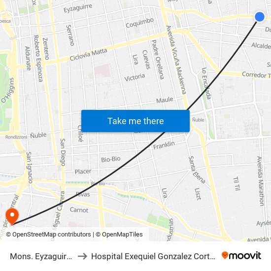 Mons. Eyzaguirre to Hospital Exequiel Gonzalez Cortez map