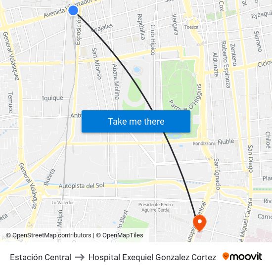 Estación Central to Hospital Exequiel Gonzalez Cortez map