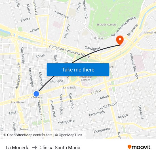 La Moneda to Clinica Santa Maria map