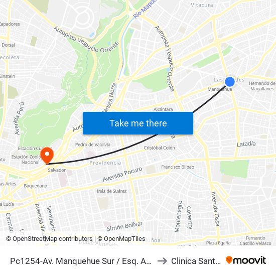 Pc1254-Av. Manquehue Sur / Esq. Avenida Apoquindo to Clinica Santa Maria map