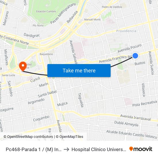 Pc468-Parada 1 / (M) Inés De Suarez to Hospital Clínico Universidad Católica map