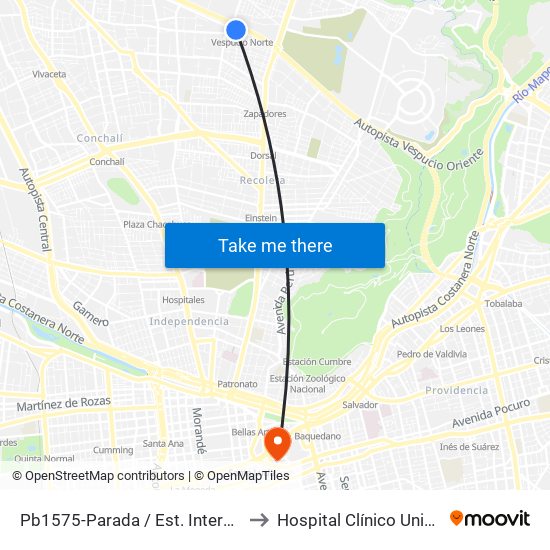 Pb1575-Parada / Est. Intermodal Vespucio Norte to Hospital Clínico Universidad Católica map