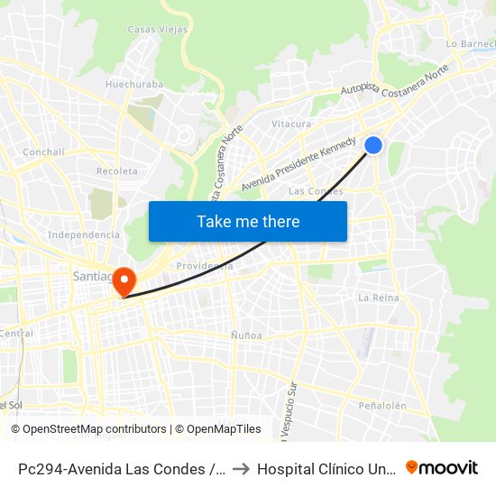 Pc294-Avenida Las Condes / Esq. Av. Padre H. Central to Hospital Clínico Universidad Católica map