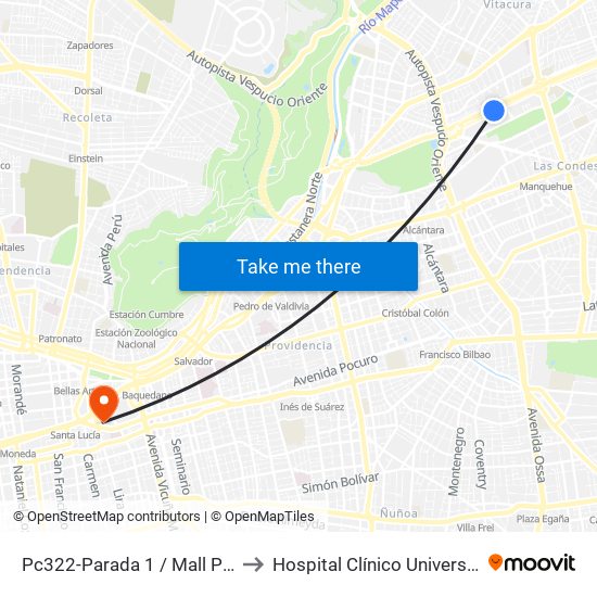 Pc322-Parada 1 / Mall Parque Arauco to Hospital Clínico Universidad Católica map