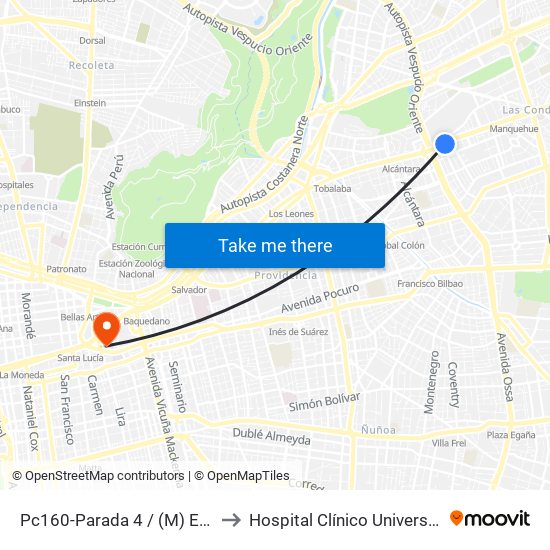 Pc160-Parada 4 / (M) Escuela Militar to Hospital Clínico Universidad Católica map