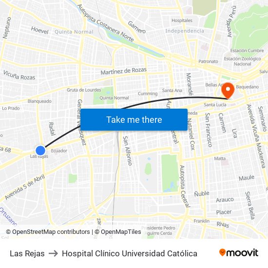 Las Rejas to Hospital Clínico Universidad Católica map