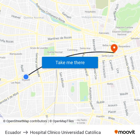 Ecuador to Hospital Clínico Universidad Católica map