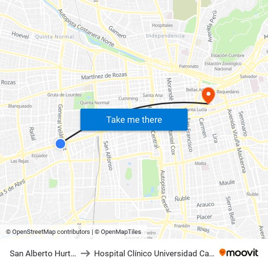 San Alberto Hurtado to Hospital Clínico Universidad Católica map