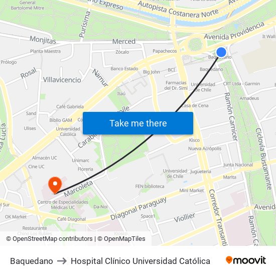 Baquedano to Hospital Clínico Universidad Católica map