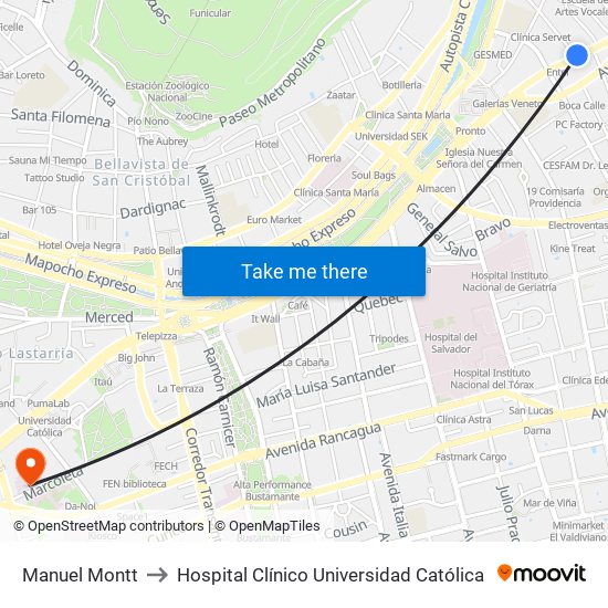 Manuel Montt to Hospital Clínico Universidad Católica map