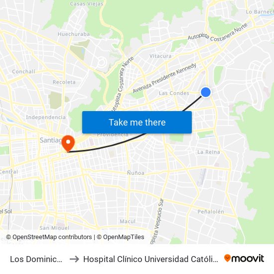 Los Dominicos to Hospital Clínico Universidad Católica map