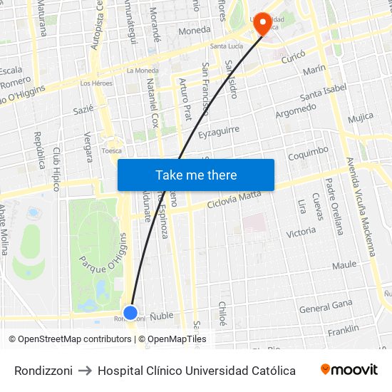 Rondizzoni to Hospital Clínico Universidad Católica map