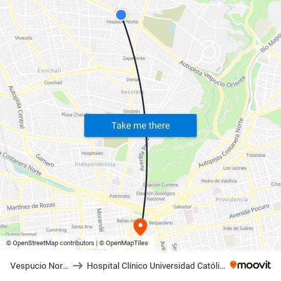 Vespucio Norte to Hospital Clínico Universidad Católica map