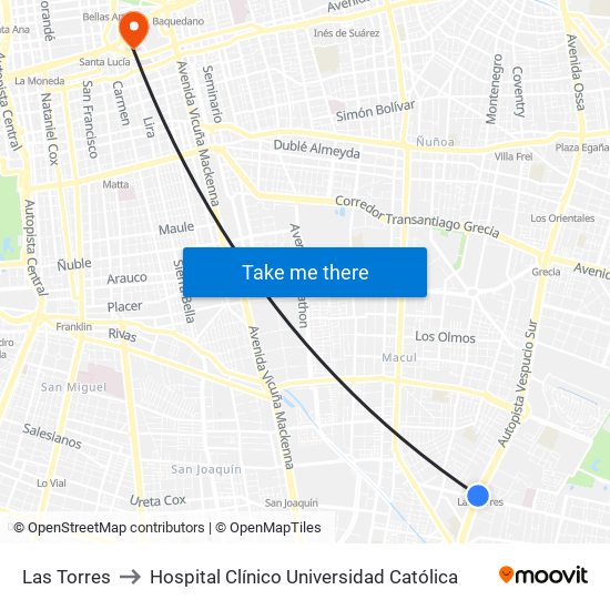 Las Torres to Hospital Clínico Universidad Católica map