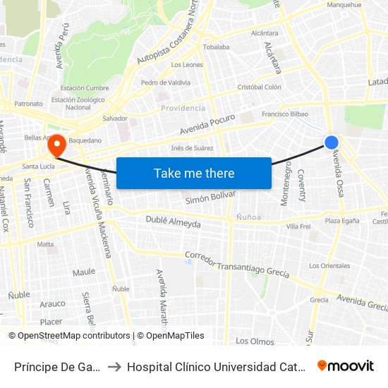Príncipe De Gales to Hospital Clínico Universidad Católica map
