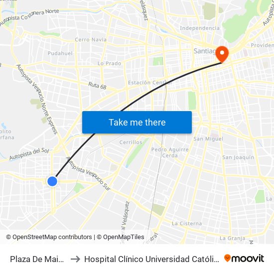 Plaza De Maipú to Hospital Clínico Universidad Católica map