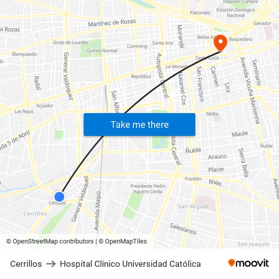 Cerrillos to Hospital Clínico Universidad Católica map