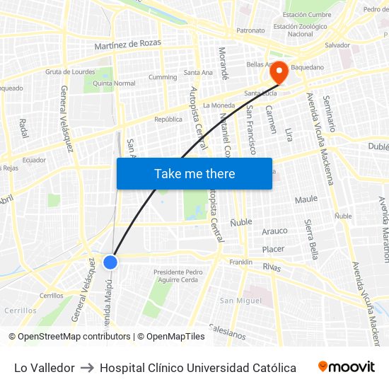 Lo Valledor to Hospital Clínico Universidad Católica map