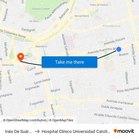 Inés De Suárez to Hospital Clínico Universidad Católica map