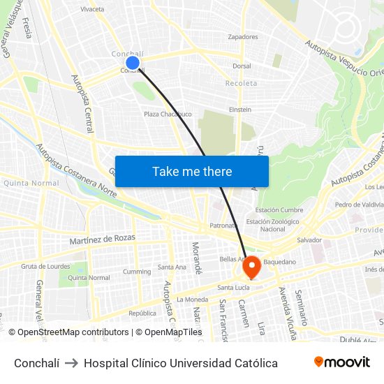 Conchalí to Hospital Clínico Universidad Católica map