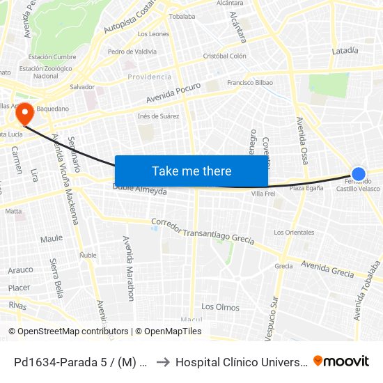 Pd1634-Parada 5 / (M) Fdo.Castillo V. to Hospital Clínico Universidad Católica map