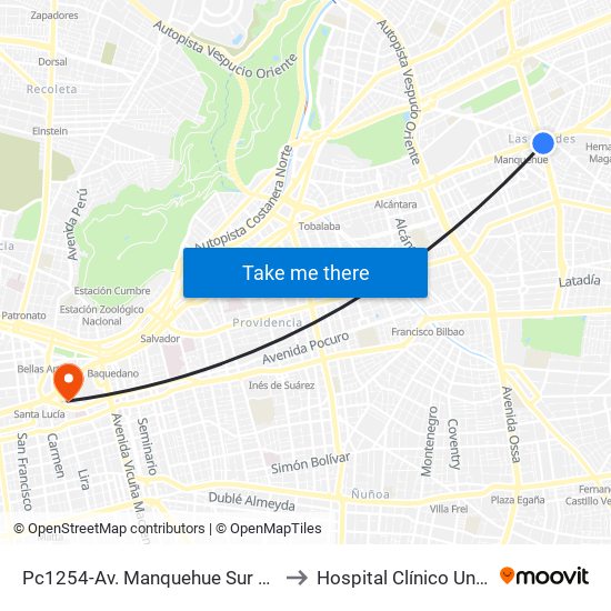 Pc1254-Av. Manquehue Sur / Esq. Avenida Apoquindo to Hospital Clínico Universidad Católica map