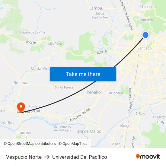 Vespucio Norte to Universidad Del Pacífico map