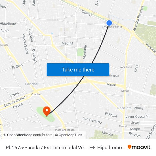 Pb1575-Parada / Est. Intermodal Vespucio Norte to Hipódromo Chile map