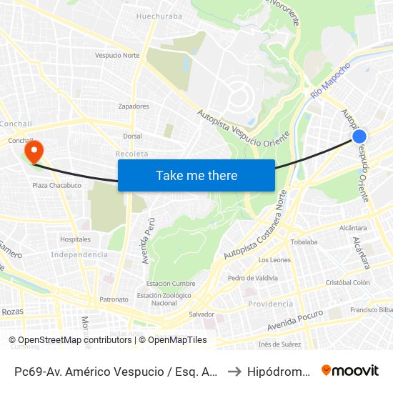 Pc69-Av. Américo Vespucio / Esq. Avenida Vitacura to Hipódromo Chile map