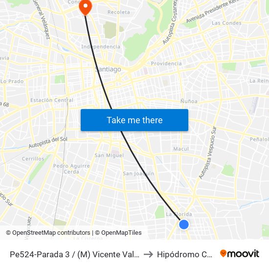 Pe524-Parada 3 / (M) Vicente Valdés to Hipódromo Chile map