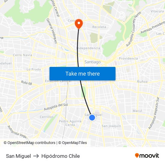 San Miguel to Hipódromo Chile map