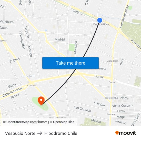 Vespucio Norte to Hipódromo Chile map