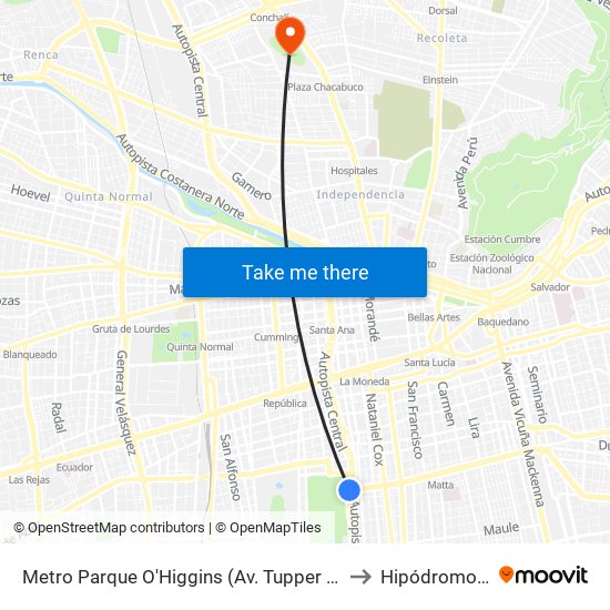 Metro Parque O'Higgins (Av. Tupper Esq. Av. Viel) to Hipódromo Chile map