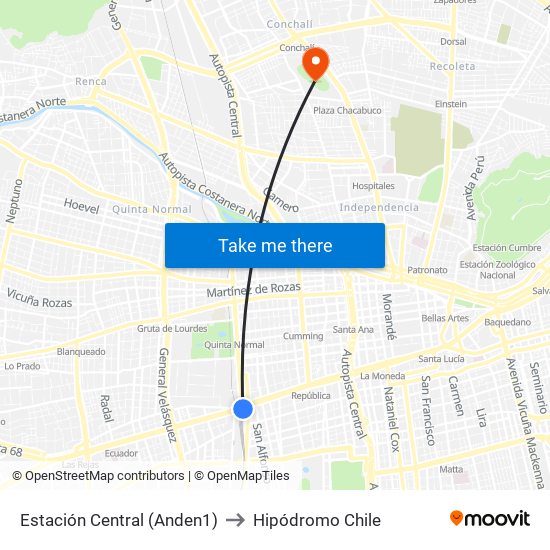 Estación Central (Anden1) to Hipódromo Chile map