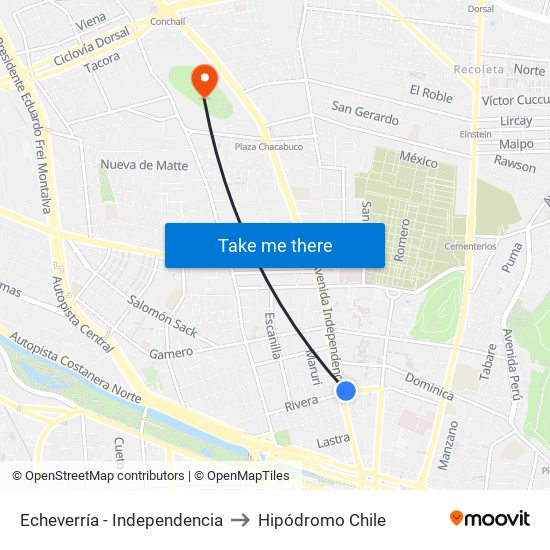 Echeverría - Independencia to Hipódromo Chile map