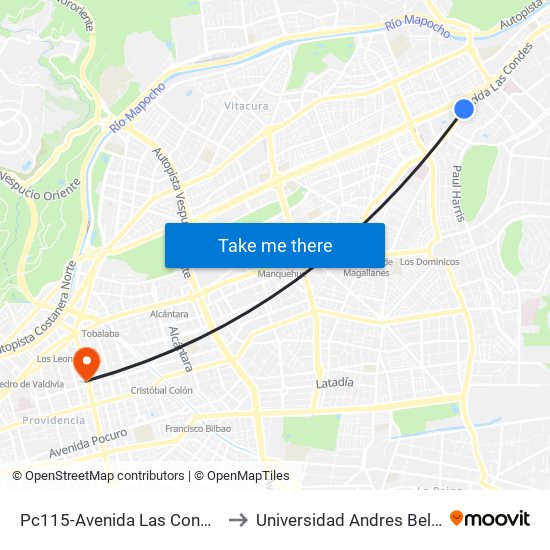 Pc115-Avenida Las Condes / Esq. Psje. Las Condes to Universidad Andres Bello, Facultad De Negocios map