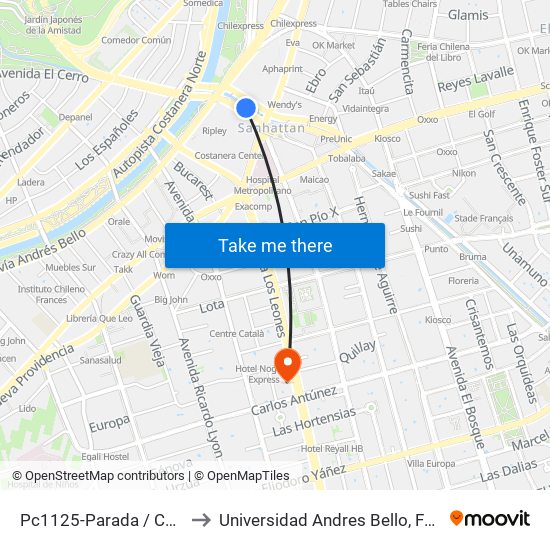 Pc1125-Parada / Costanera Center to Universidad Andres Bello, Facultad De Negocios map