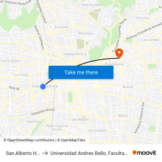 San Alberto Hurtado to Universidad Andres Bello, Facultad De Negocios map