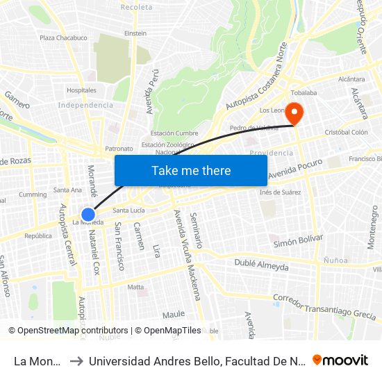 La Moneda to Universidad Andres Bello, Facultad De Negocios map