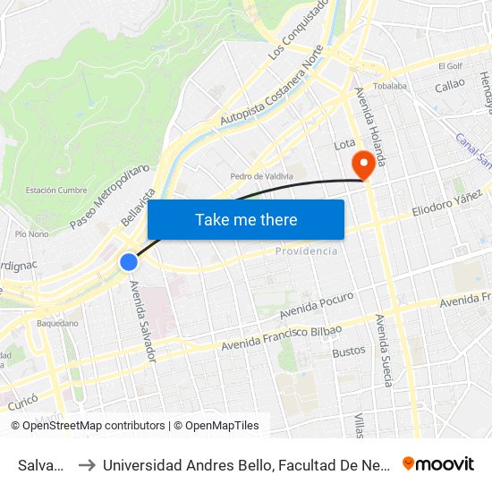 Salvador to Universidad Andres Bello, Facultad De Negocios map