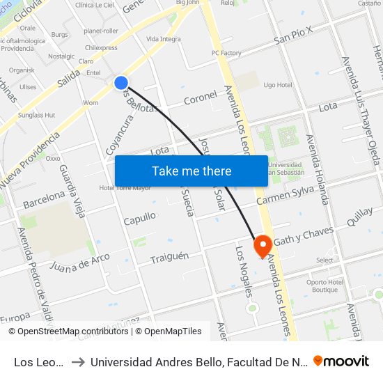 Los Leones to Universidad Andres Bello, Facultad De Negocios map