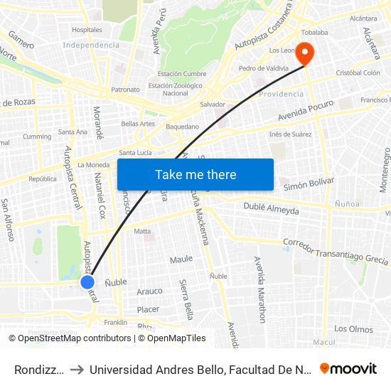 Rondizzoni to Universidad Andres Bello, Facultad De Negocios map