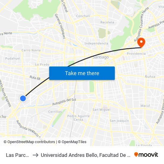 Las Parcelas to Universidad Andres Bello, Facultad De Negocios map