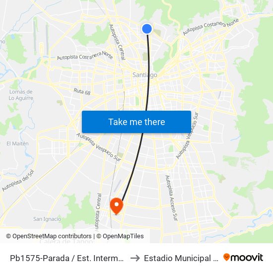 Pb1575-Parada / Est. Intermodal Vespucio Norte to Estadio Municipal San Bernardo map