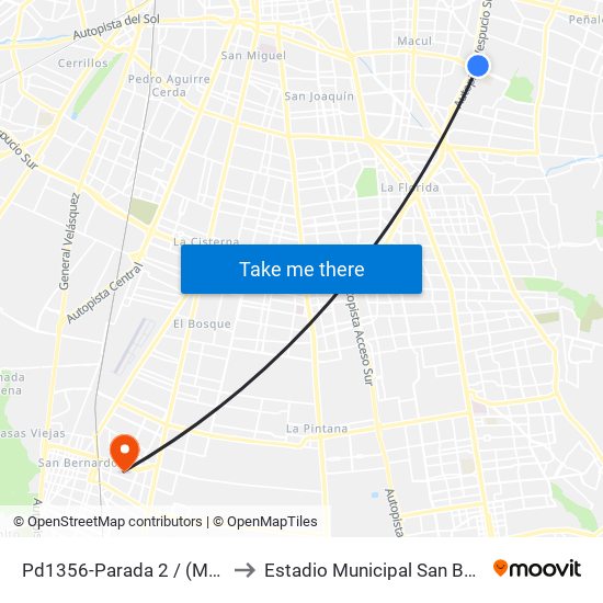 Pd1356-Parada 2 / (M) Quilín to Estadio Municipal San Bernardo map