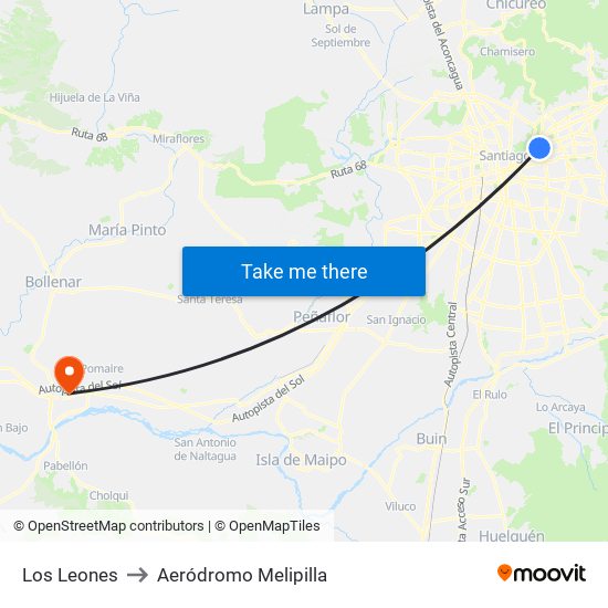 Los Leones to Aeródromo Melipilla map