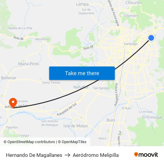 Hernando De Magallanes to Aeródromo Melipilla map