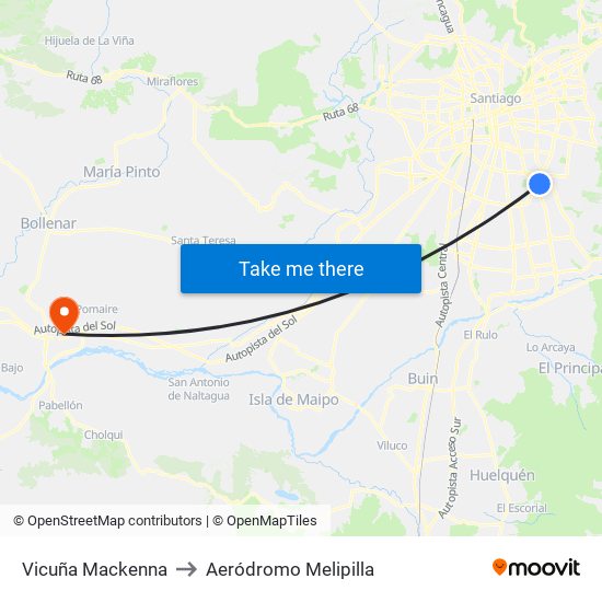 Vicuña Mackenna to Aeródromo Melipilla map