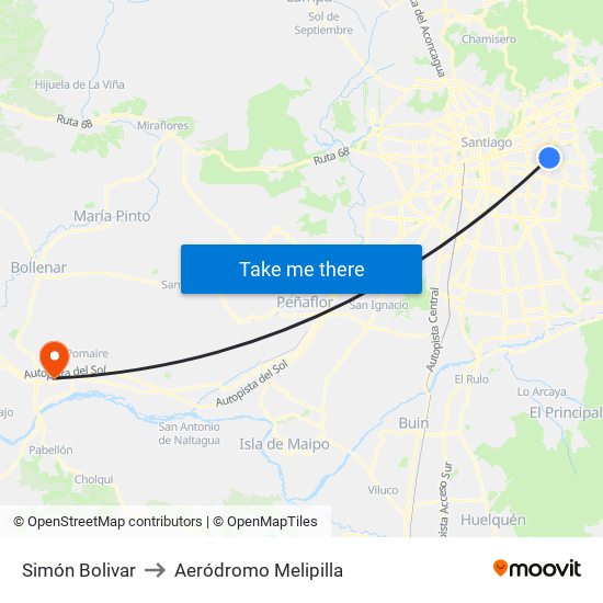 Simón Bolivar to Aeródromo Melipilla map
